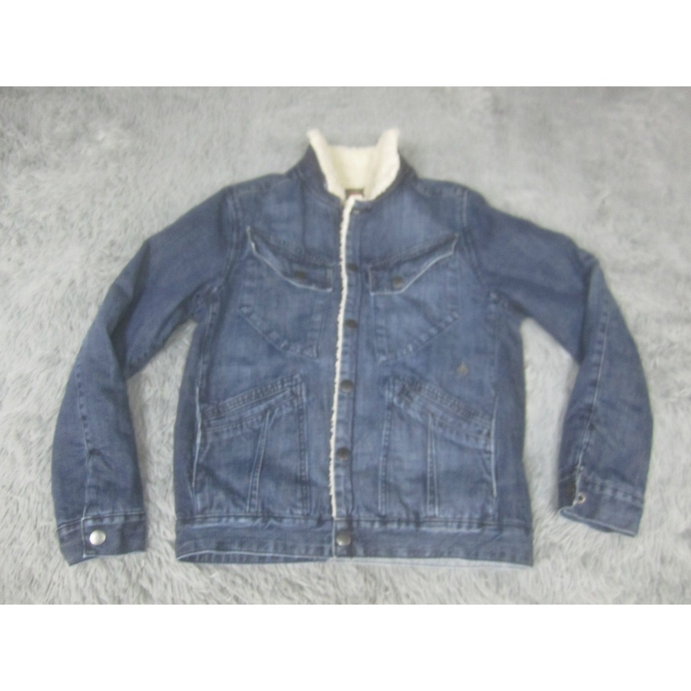 Volcom Jeans Trucker Jacket Mens Medium Blue Denim Sherpa Lined‎ Button Down